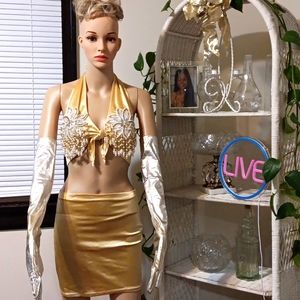 EUC Exquisite Custom-Made 4Pc Hand Beaded Lingerie/Dance Gold/Pearl Sm w B/C Cup